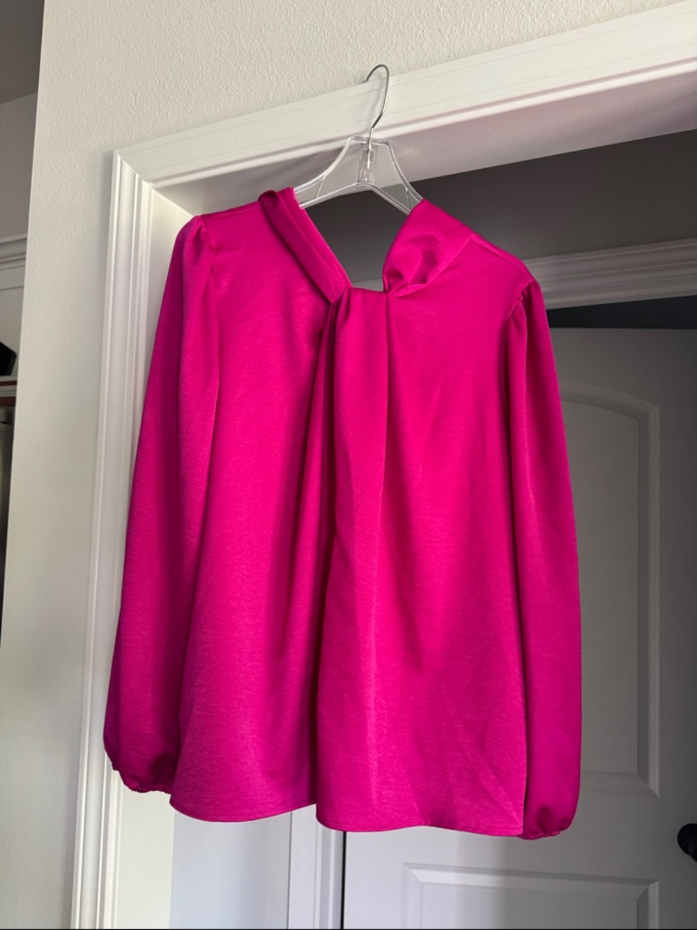 Magenta Fuchsia Long-Sleeve Tie-Neck Blouse - Picture 1 of 5